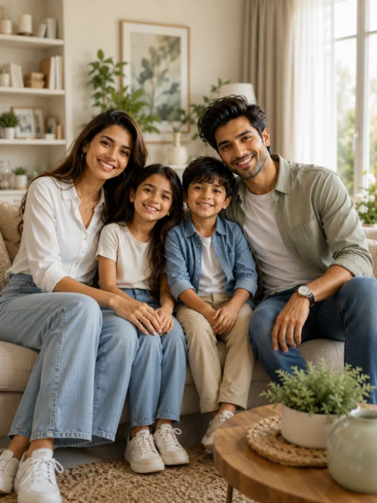 Family of four relaxing together at home in casual wear