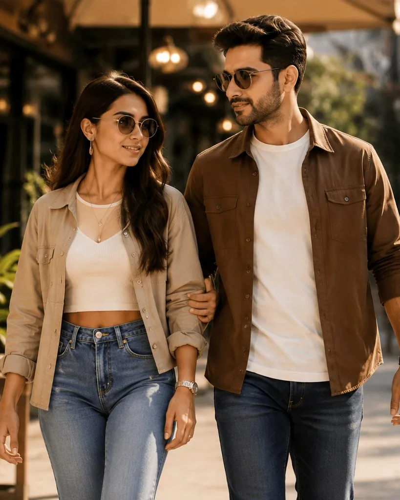 Couple in street-style casual outfits