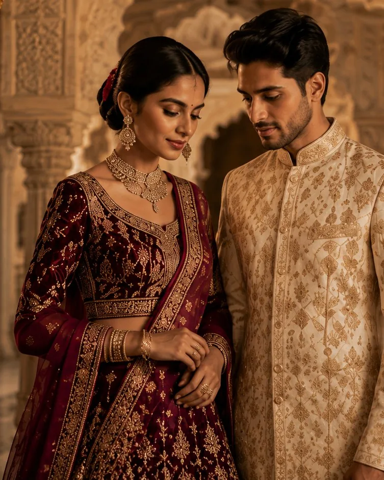 Couple dressed in maroon and cream ethnic wear