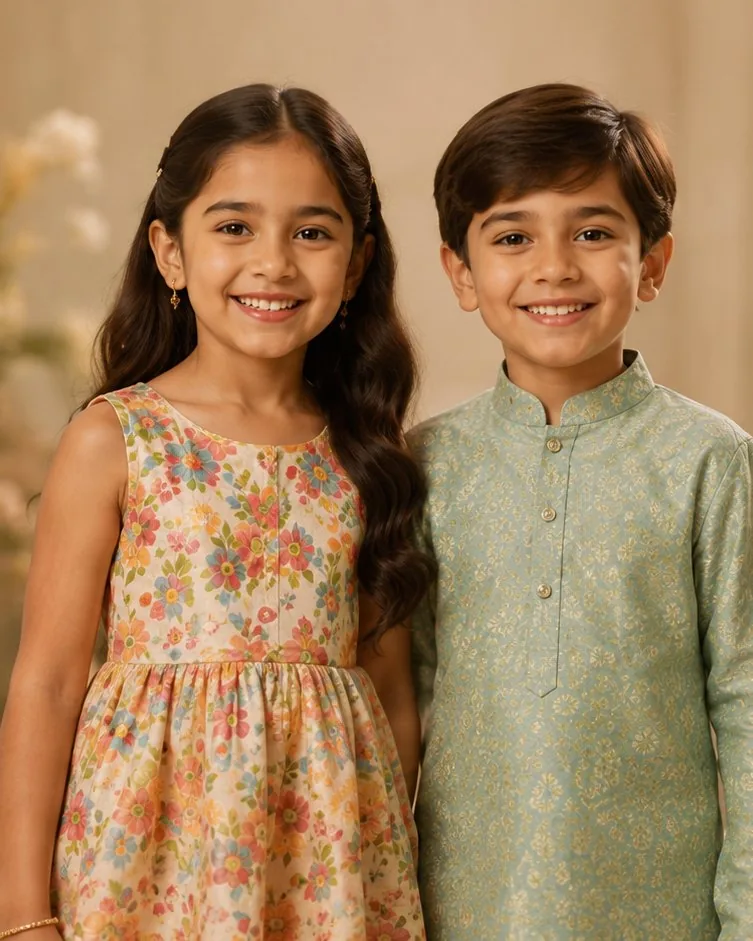 Two children dressed in festive outfits