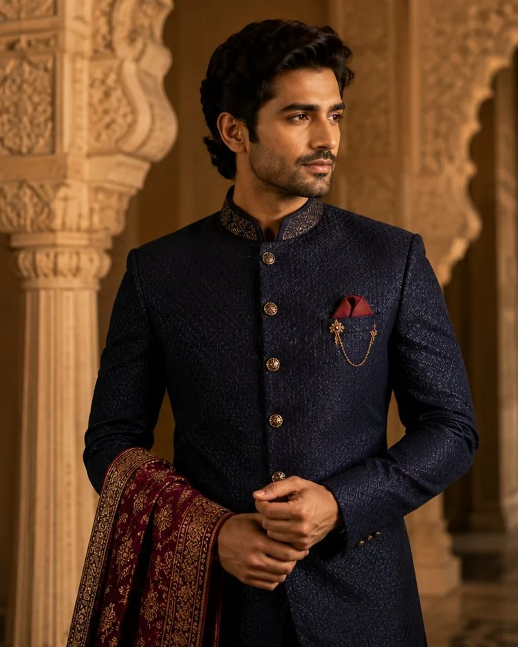 Man in a navy sherwani