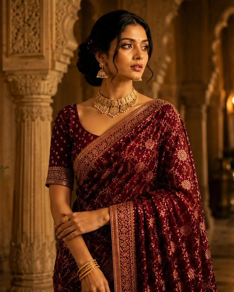 Woman in a maroon embellished saree