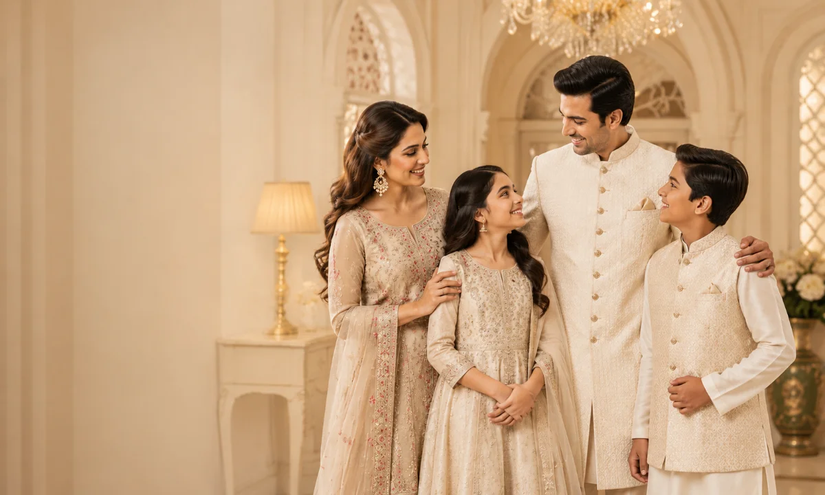 Family of four dressed in matching ivory festive outfits