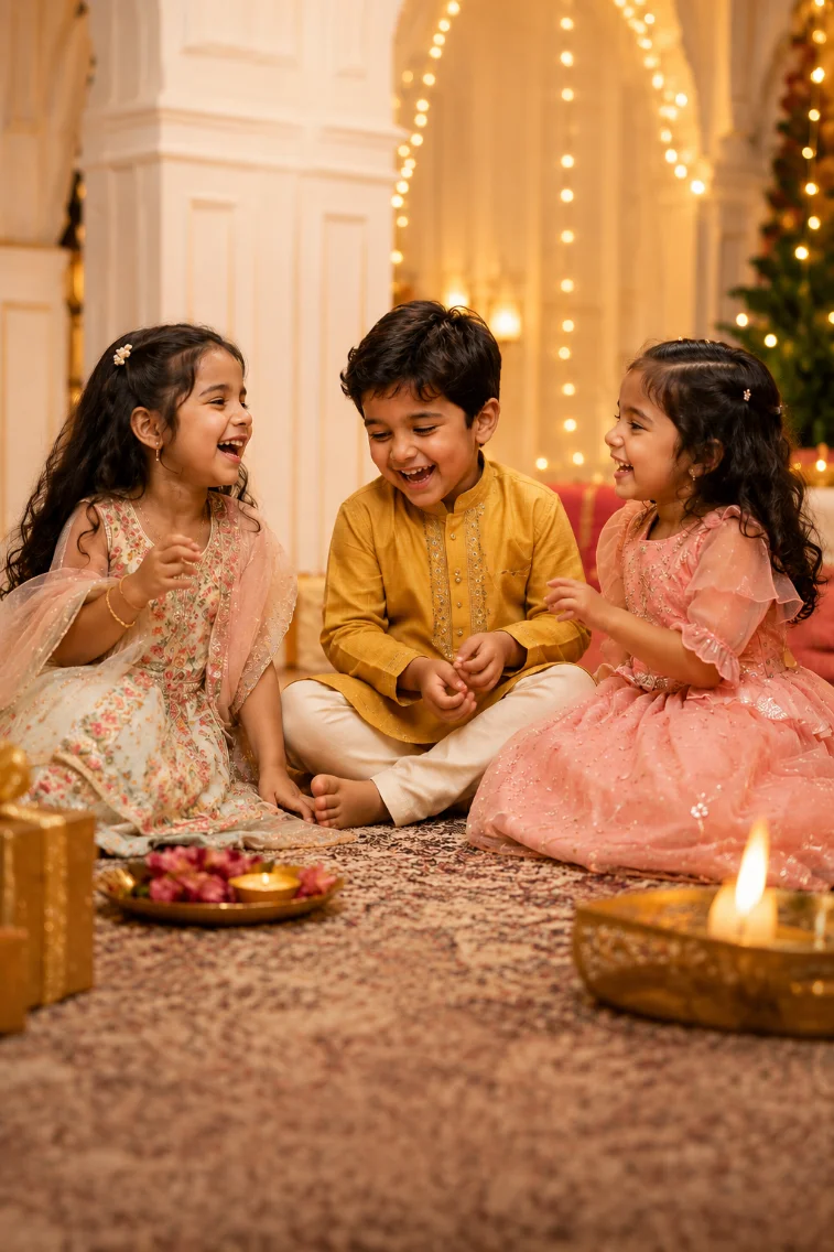 Three children laughing together in festive outfits