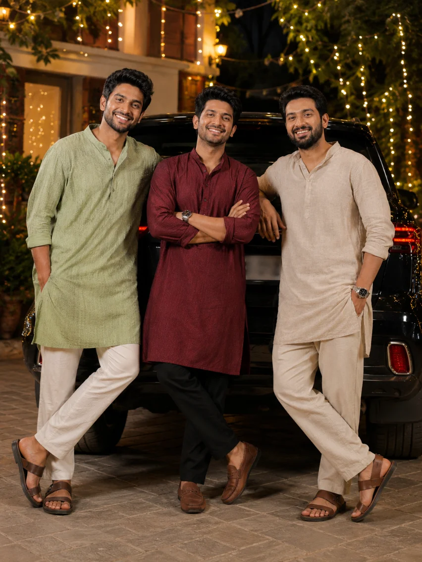 Three men in festive kurta sets leaning against a car at night