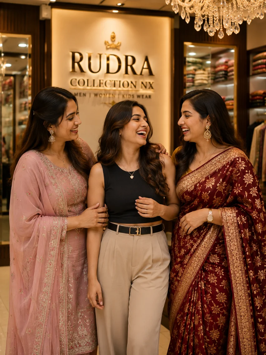 Three women laughing together in elegant ethnic wear at Rudra Collection