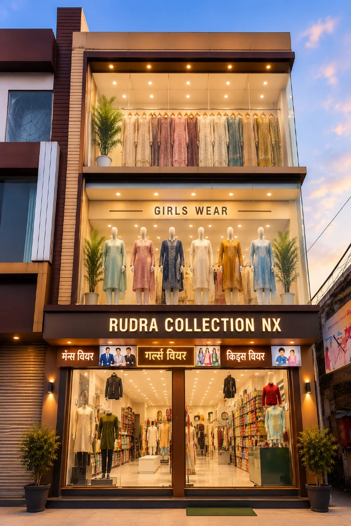 Rudra Collection NX storefront with Girls Wear display lit up at dusk